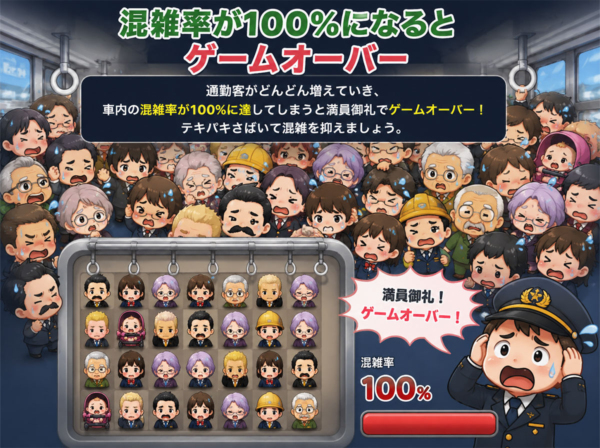 混雑率を下げながら乗客を整理するチュートリアル画面